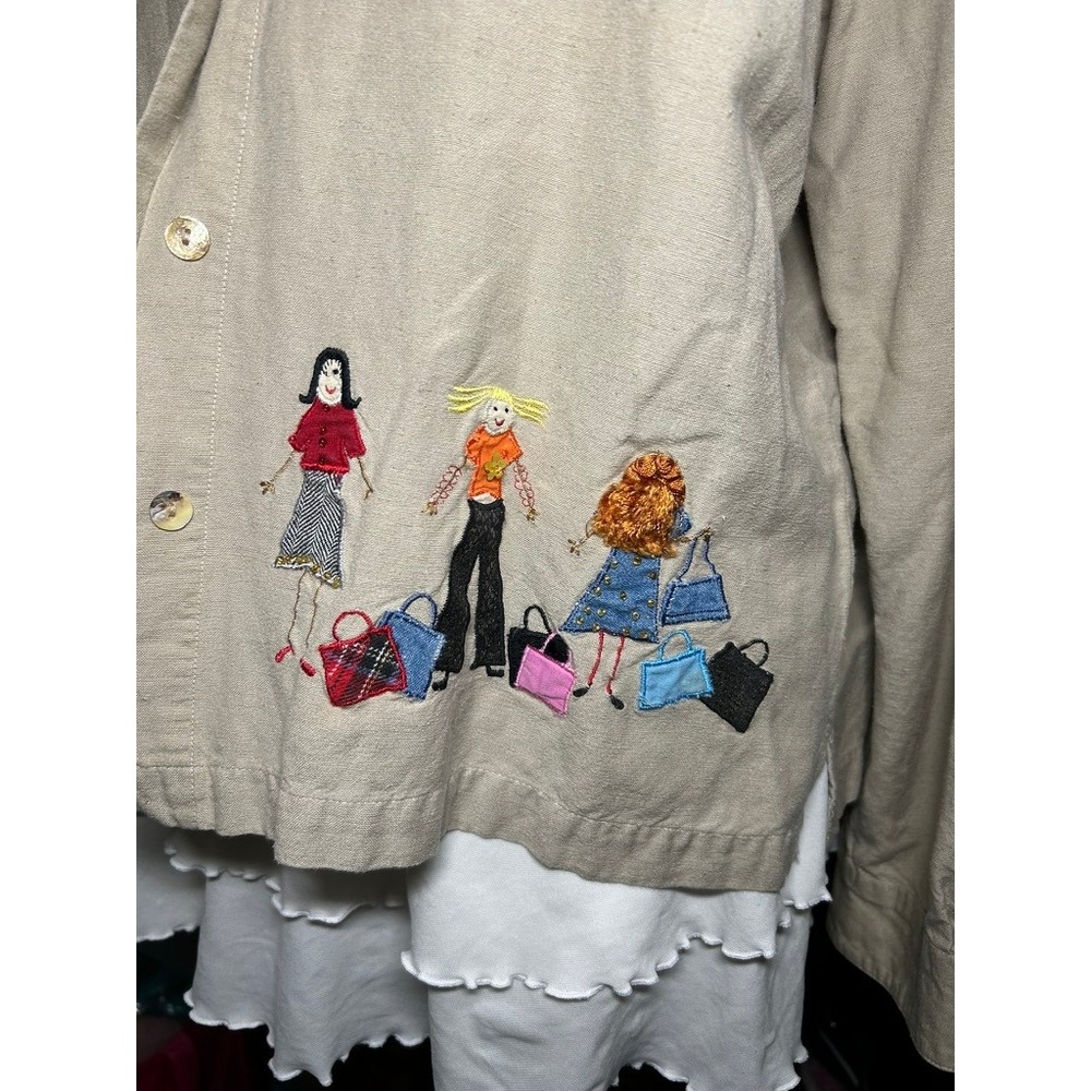 Lemon Grass Embroidery Khaki Button Up Shirt Women "Shop Til You Drop" - Picture 5 of 6